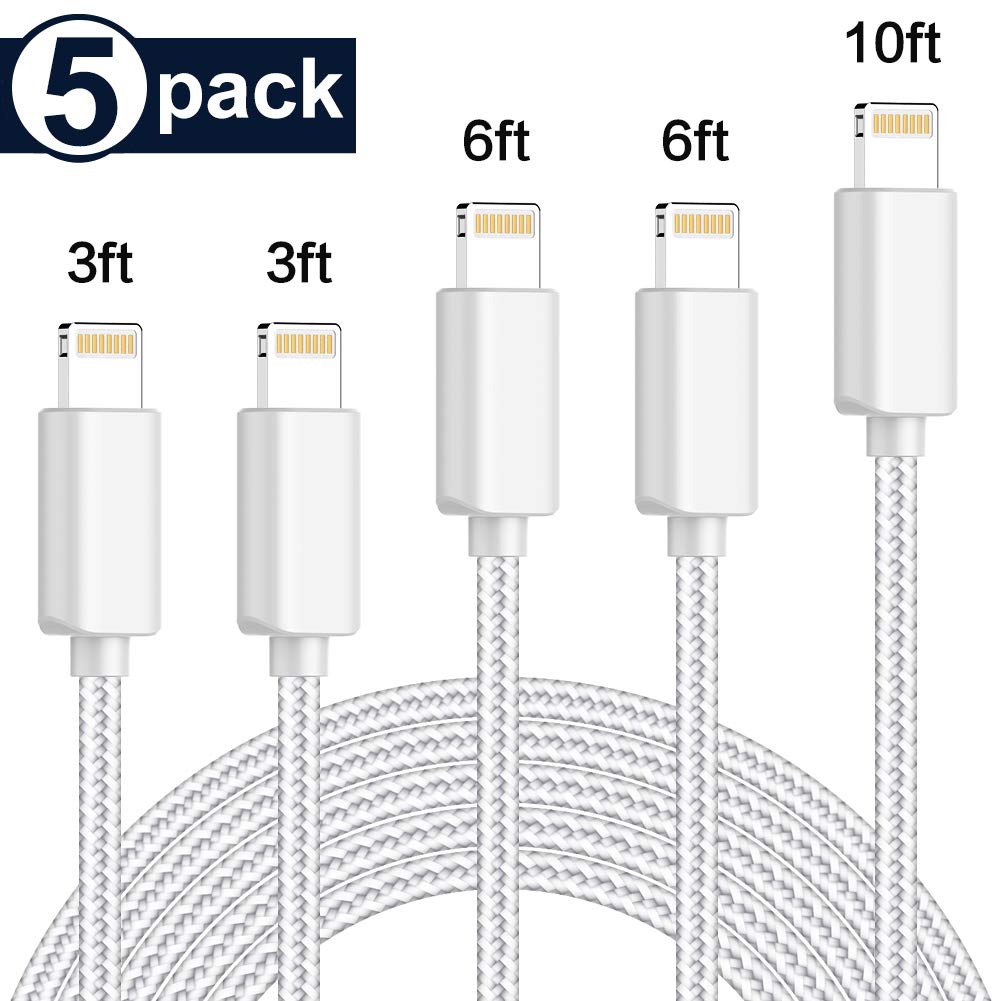 High Speed Nylon Braided USB Charging & Syncing Cord Compatible iPhone Xs/Max/XR/X/8/8Plus/7/7Plus/6S/6S Plus More 5Pack 3/3/6/6/10ft TNSO MFi Certified iPhone Charger Lightning Cable 
